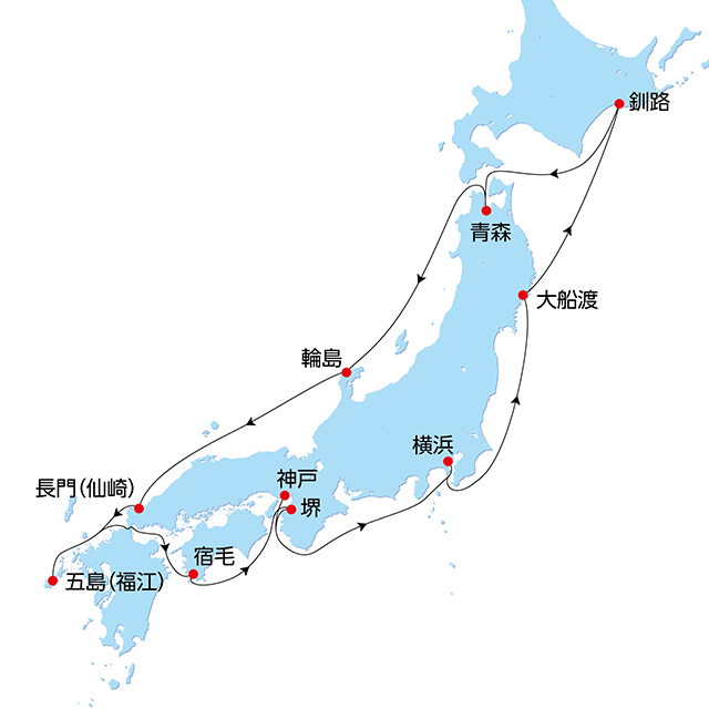 秋の日本一周クルーズ Aコース 11日間 航路図