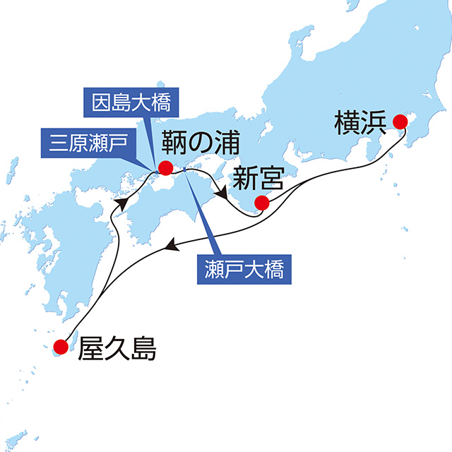 世界遺産 屋久島・南紀と瀬戸内海クルーズ 6日間 航路図