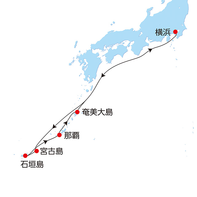 春の沖縄・奄美 島めぐりクルーズ 9日間 航路図
