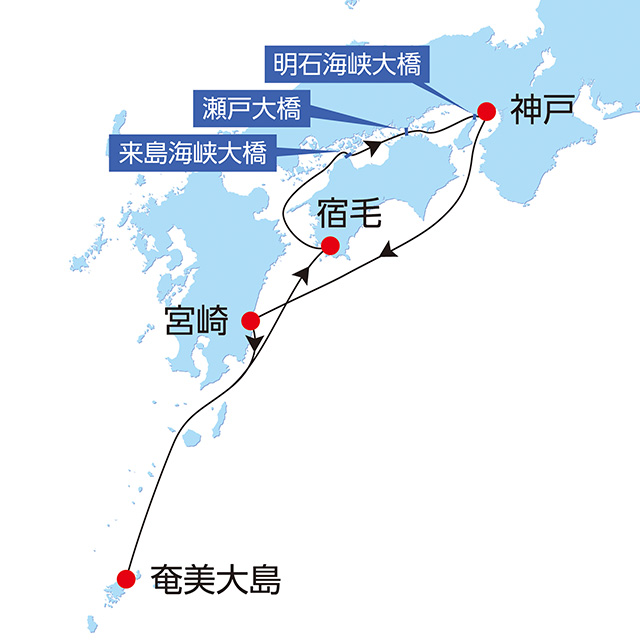 春の奄美大島・南国宮崎・土佐クルーズ 5日間 航路図