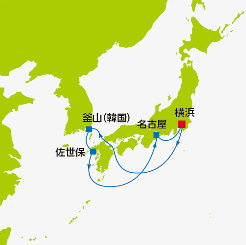 (太平洋04)韓国・佐世保・名古屋をのんびりめぐる 太平洋ゆったりクルーズ 7日間航路図
