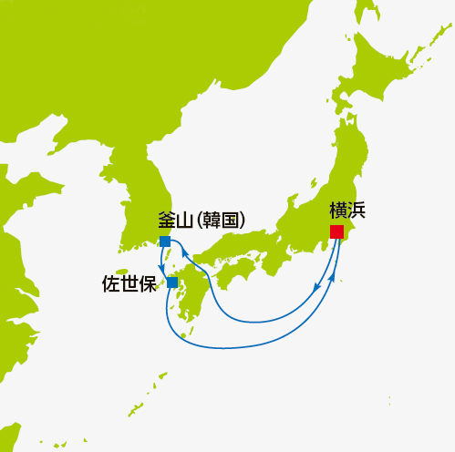 (太平洋02)たっぷり洋上を満喫 釜山と佐世保ひとめぐりクルーズ 6日間航路図