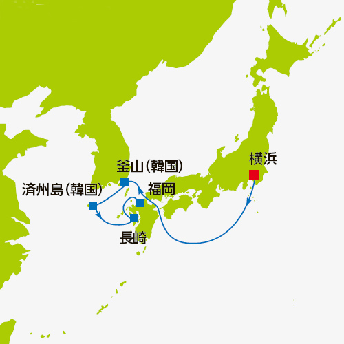 (太平洋06)釜山・済州島をぐるっと1周 横浜から福岡の片道クルーズ 6日間航路図