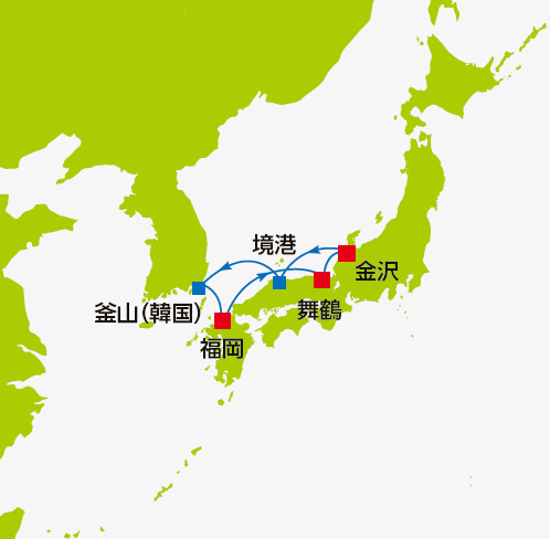 (日本海03)日本海をたっぷり堪能 5つの都市めぐりクルーズAコース 6日間航路図