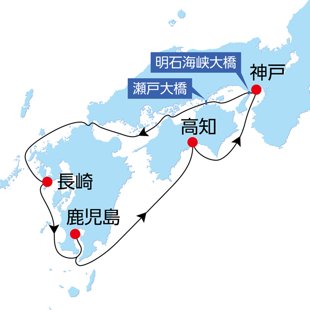 長崎くんち・鹿児島・高知クルーズ6日間 航路図