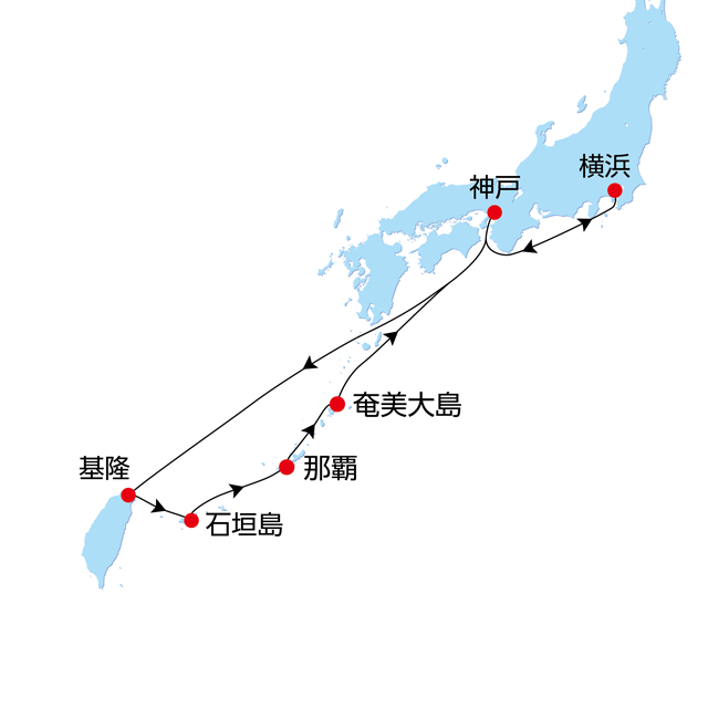 びいなすニューイヤークルーズ~台湾・沖縄・奄美~Bコース9日間~海外クルーズ~【年末年始利用】 航路図