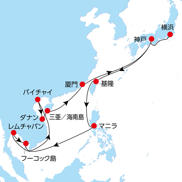 ゆったりアジアクルーズ2020~桃源郷を心ゆたかに探す旅~Bコース31日間~海外クルーズ~ 航路図