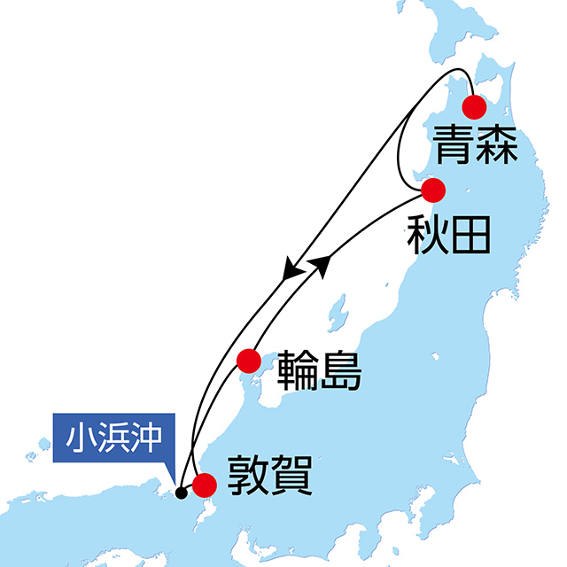 竿燈・ねぶた東北二大祭りクルーズ 6日間 航路図