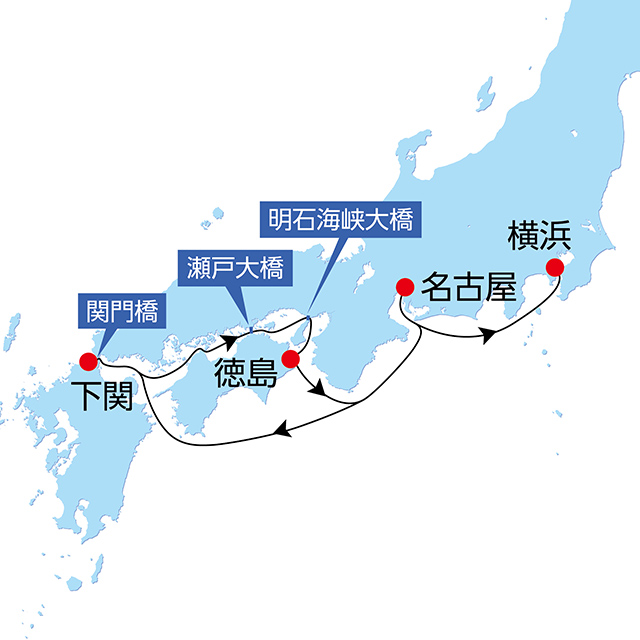 阿波おどりと関門海峡花火クルーズ Bコース 4日間 航路図
