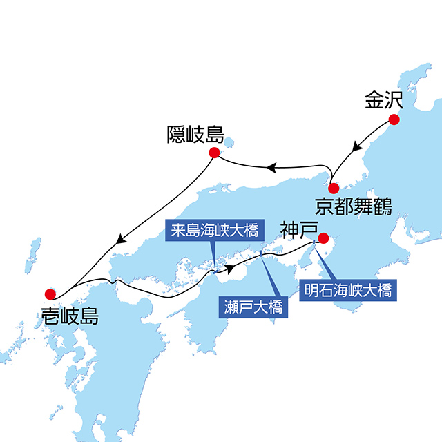 秋の隠岐島・壱岐島と瀬戸内海クルーズ Aコース 5日間 航路図