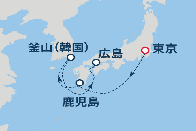 (東京04)東京から広島へ片道クルーズ 6日間航路図