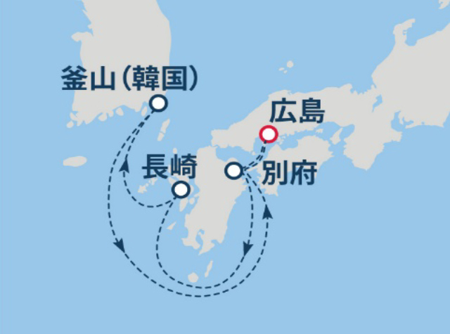 (広島02)韓国・九州周遊クルーズ 6日間航路図