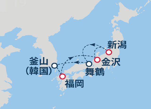 (日本海07)5つの都市めぐりクルーズ 6日間航路図