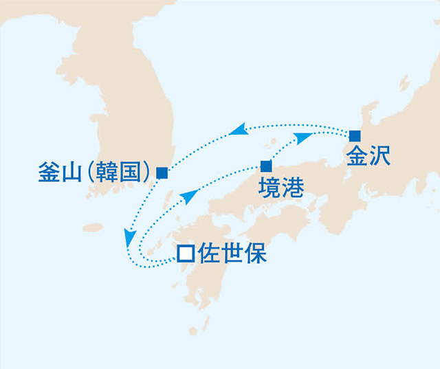 4泊5日で日本の港めぐり+釜山のお楽しみGWクルーズ 5日間 佐世保01-GW航路図
