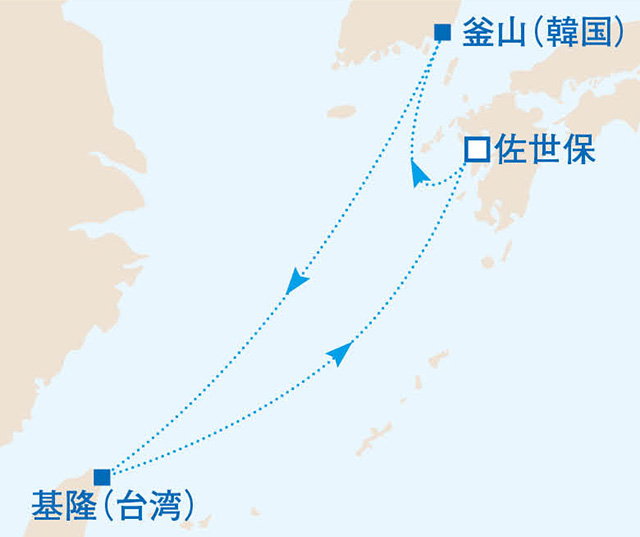 洋上と韓国＋台湾を楽しむ 海外ゆったり5泊6日クルーズ　6日間　佐世保02航路図