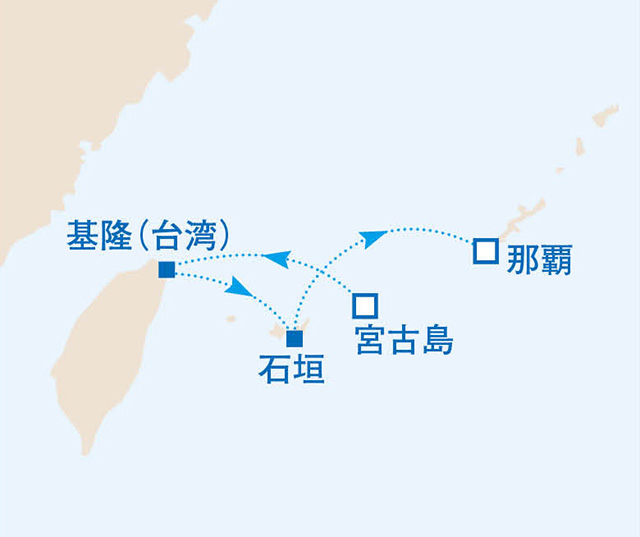 宮古島から台湾と石垣島へ 3泊4日片道クルーズ　4日間　沖縄07航路図