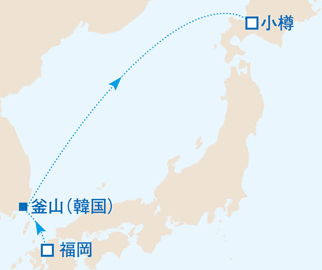 福岡から小樽へ日本海をめぐる 3泊4日片道クルーズ　4日間　日本海05航路図