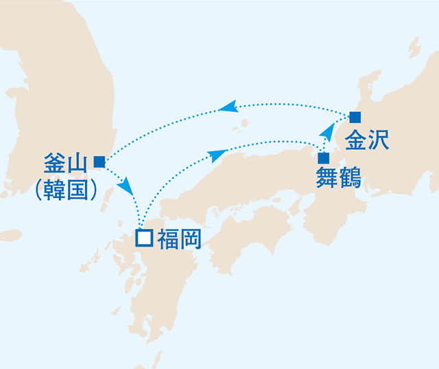 4泊5日で三都市めぐりの日本海欲張りショートクルーズ　5日間　日本海06航路図