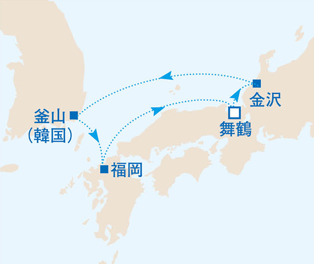 4泊5日で三都市めぐりの日本海欲張りショートクルーズ　5日間　日本海10航路図