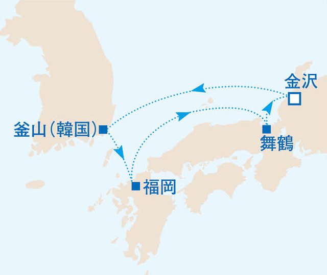 4泊5日で三都市めぐりの日本海欲張りショートクルーズ 5日間 日本海01航路図