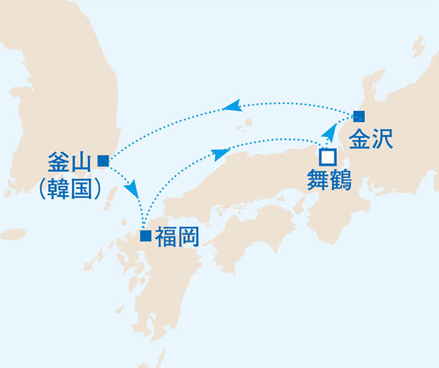 4泊5日で三都市めぐりの日本海欲張りショートクルーズ 5日間 日本海10航路図