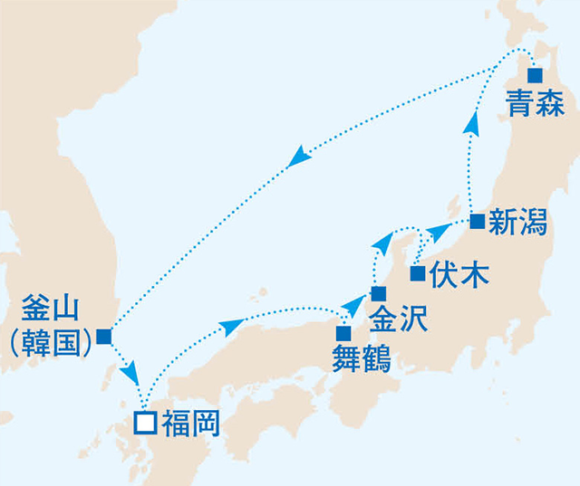 五都市＋釜山に船内も楽しむ 8泊9日の大充実クルーズ　9日間　日本海07航路図