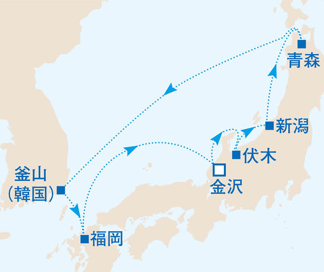 日本海周遊と韓国めぐり じっくり楽しむ 7泊8日クルーズ　8日間　日本海02航路図