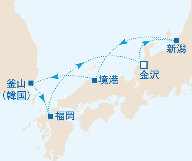 人気の港と釜山を楽しむ 5泊6日の日本海クルーズ　6日間　日本海03航路図
