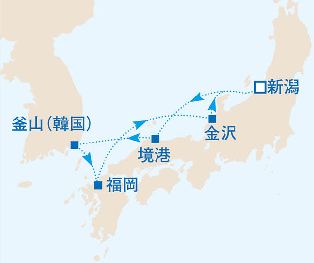 人気の港と釜山を楽しむ 5泊6日の日本海クルーズ　6日間　日本海12航路図