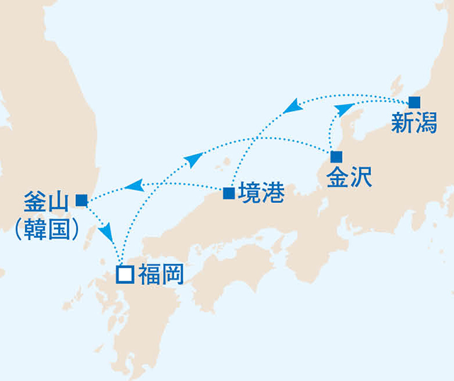 人気の港と釜山を楽しむ 5泊6日の日本海クルーズ　6日間　日本海08航路図