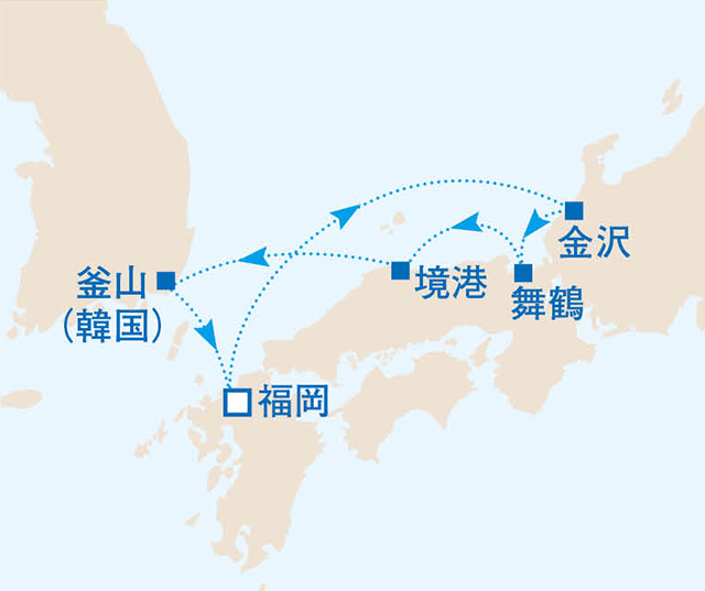 日本海の三美港と釜山 5泊6日の満足クルーズ　6日間　日本海09航路図