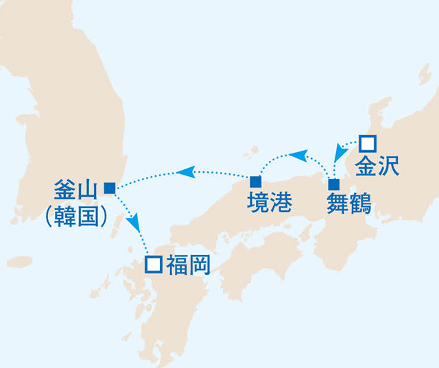 釜山経由で福岡まで 4泊5日の日本海クルーズ　5日間　日本海04航路図