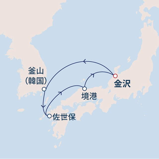 4泊5日で三都市めぐりの日本海欲張りショートクルーズ 5日間 金沢02航路図