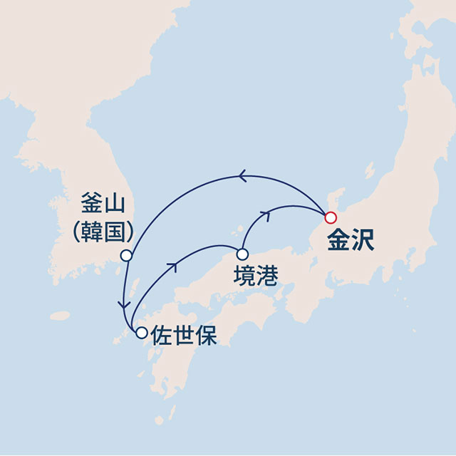 4泊5日で三都市めぐりの日本海欲張りショートクルーズ　5日間　金沢02航路図