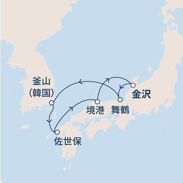 人気の港と釜山を楽しむ5泊6日の日本海クルーズ　6日間　金沢04航路図