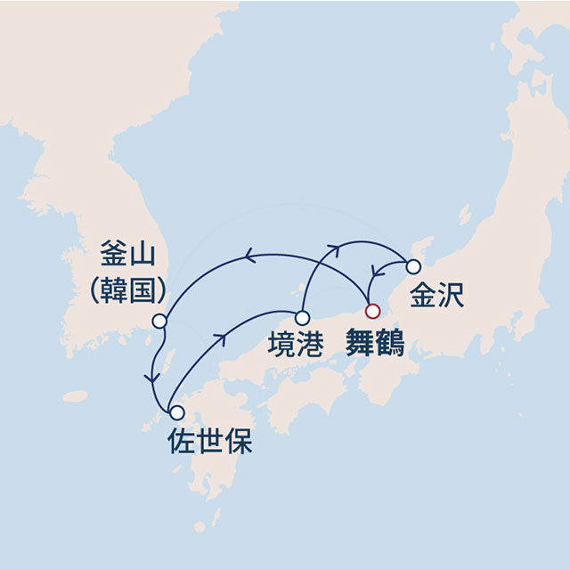 人気の港と釜山を楽しむ5泊6日の日本海クルーズ　6日間　舞鶴01航路図