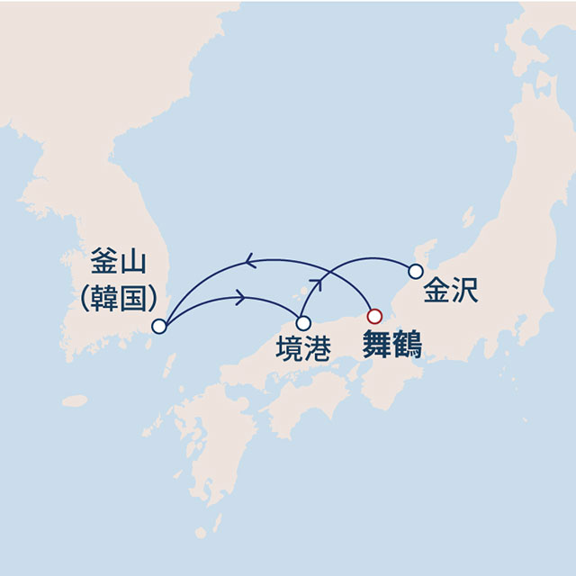釜山経由で金沢へ3泊4日の片道日本海クルーズ　4日間　舞鶴02航路図