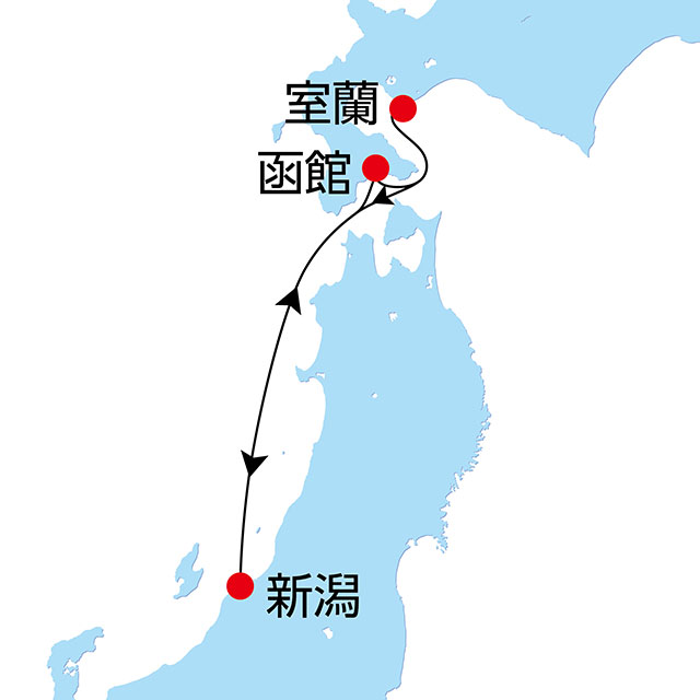 きらめく北海道 函館・室蘭クルーズ　4日間 航路図