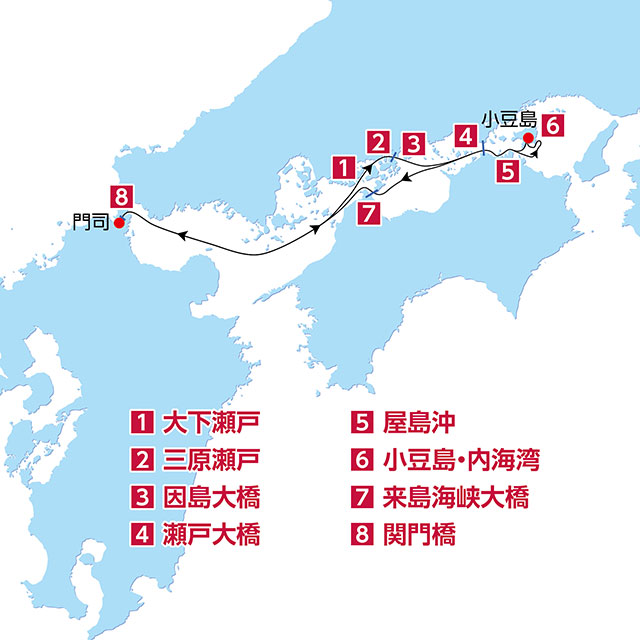 瀬戸内島旅 小豆島クルーズ　～びいなす八景～　4日間 航路図
