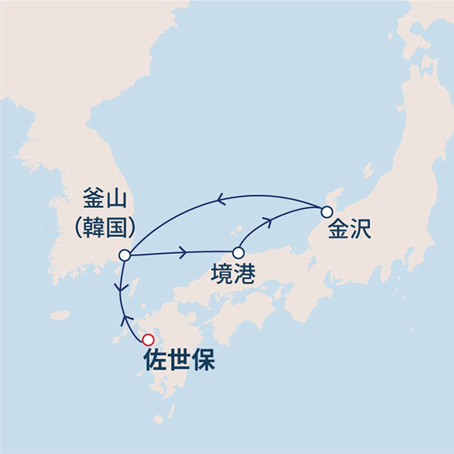 たっぷり釜山と港町 日本海満喫クルーズ　6日間　日本海01航路図