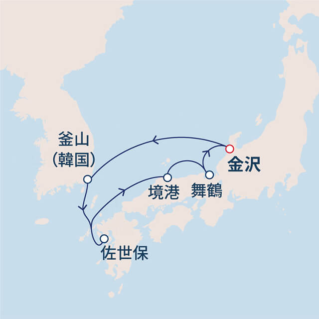 人気の港と釜山へ　日本海ゆったりクルーズ　6日間　日本海03航路図