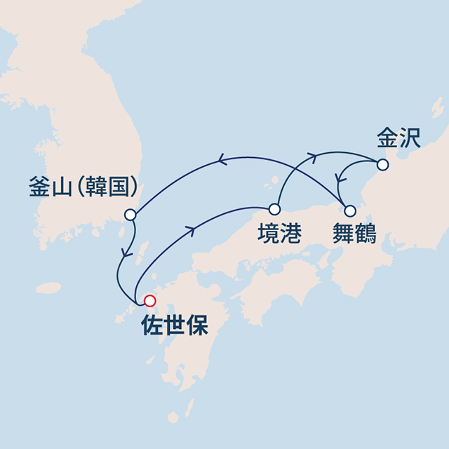 のんびり港町めぐり日本海＆韓国堪能クルーズ　6日間　日本海06航路図