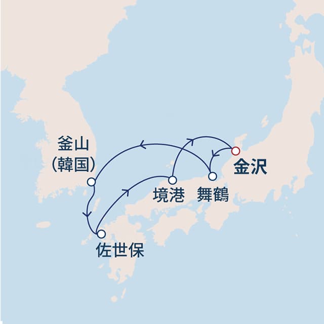 のんびり港町めぐり日本海＆韓国堪能クルーズ　6日間　日本海06航路図