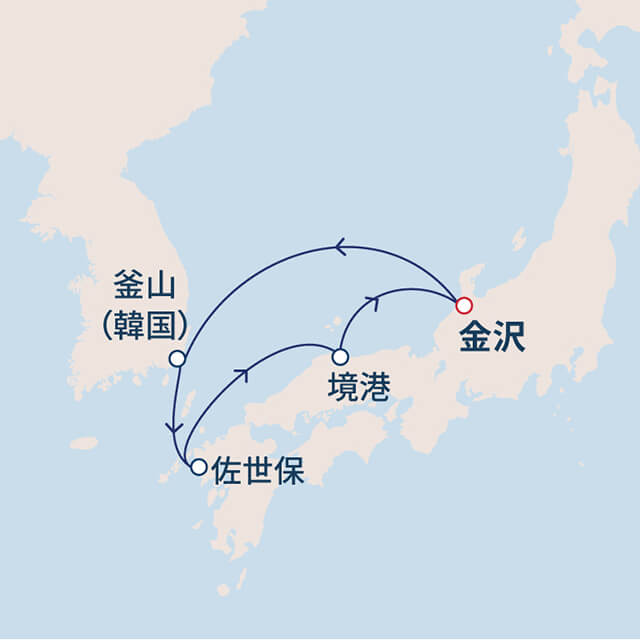 麗しの日本海三都市めぐり 4泊ショートクルーズ 5日間 日本海02航路図